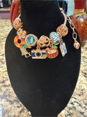 Rose Gold Charm Bracelet with Colorful Enamel Travel Charms